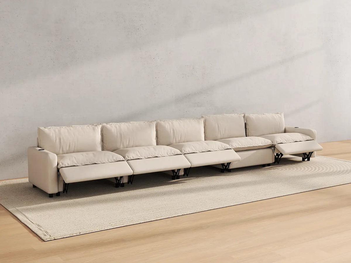 Modular Cero Reclining Sectionals | 5-Piece Beige Linen Large Space Couch Sectionals 5-Seater