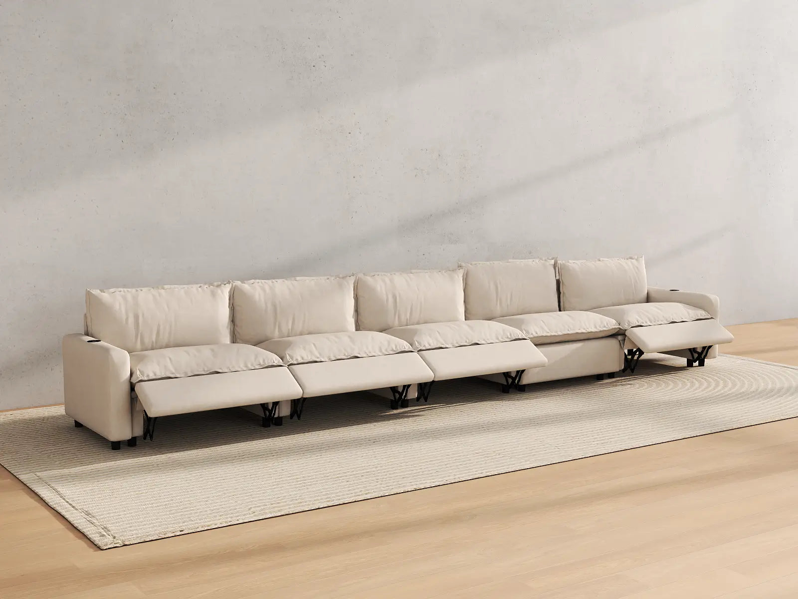 Modular Cero Reclining Sectional Couch | 5-Piece Beige Linen Large Space Couch Sectionals 5-Seater