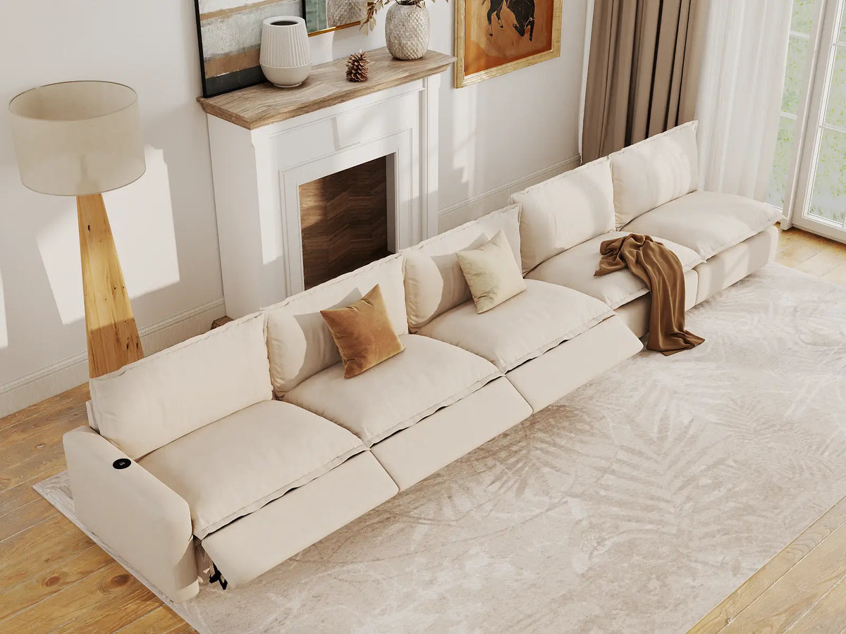 Modular Cero Sectional Recliner Couch | 5-Piece Beige Linen Large Space Couch Sectionals 5-Seater