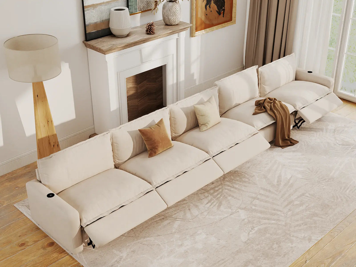 Modular Cero Reclining Sectionals | 5-Piece Beige Linen Large Space Couch Sectionals 5-Seater