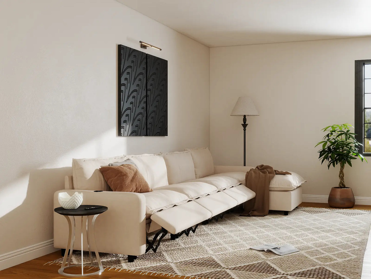 Modular Cero Reclining Sectionals | 5-Piece Beige Linen Large Space L-Shaped Sectionals 4-Seater with 1-Ottoman