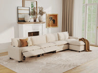Modular Cero L Shaped Sectional Sofa with Recliner | 5-Piece Beige Linen Large Space L-Shaped Sectionals 4-Seater with 1-Ottoman