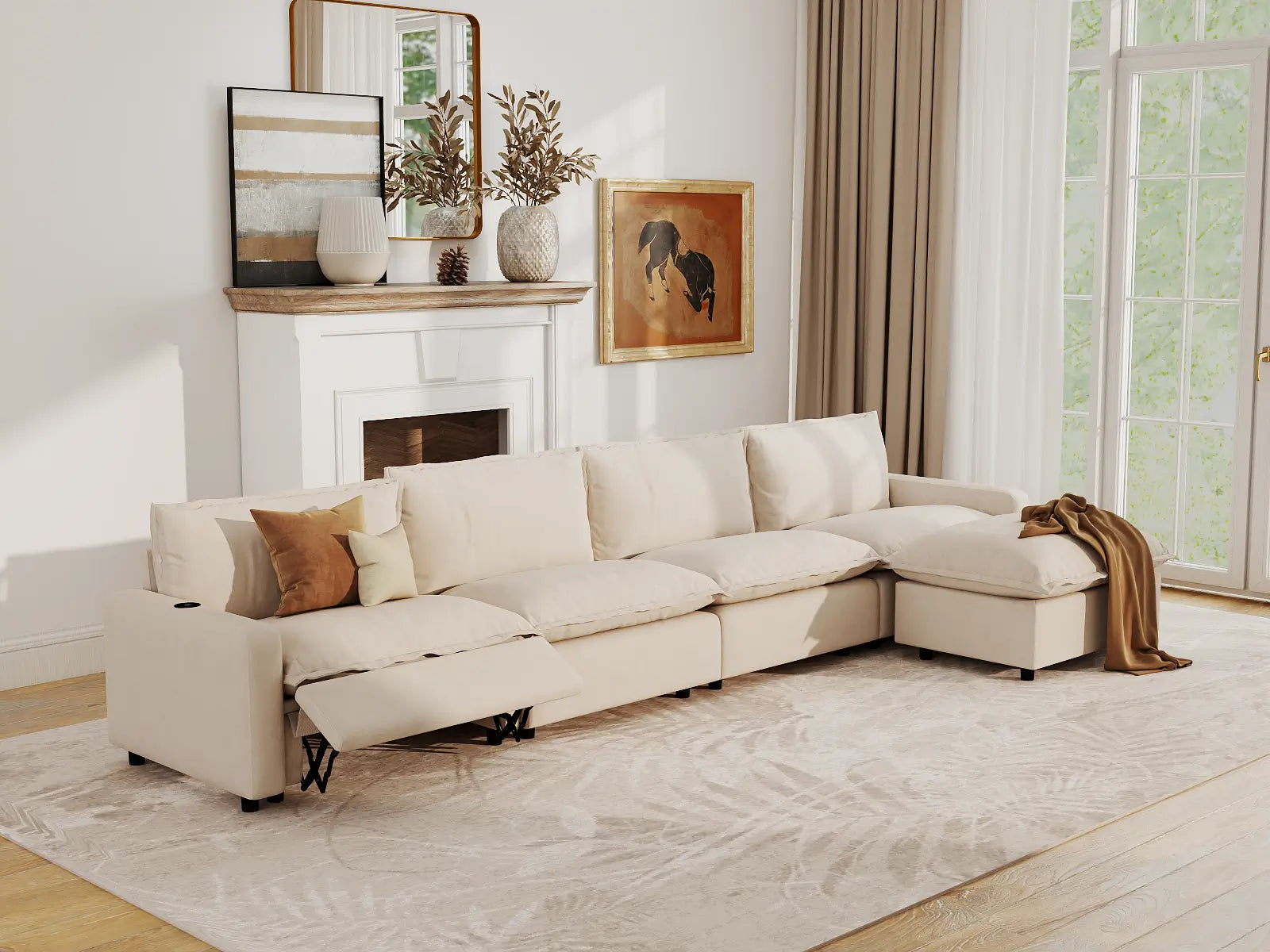 Modular Cero L Shaped Reclining Sectional | 5-Piece Beige Linen Large Space L-Shaped Sectionals 4-Seater with 1-Ottoman