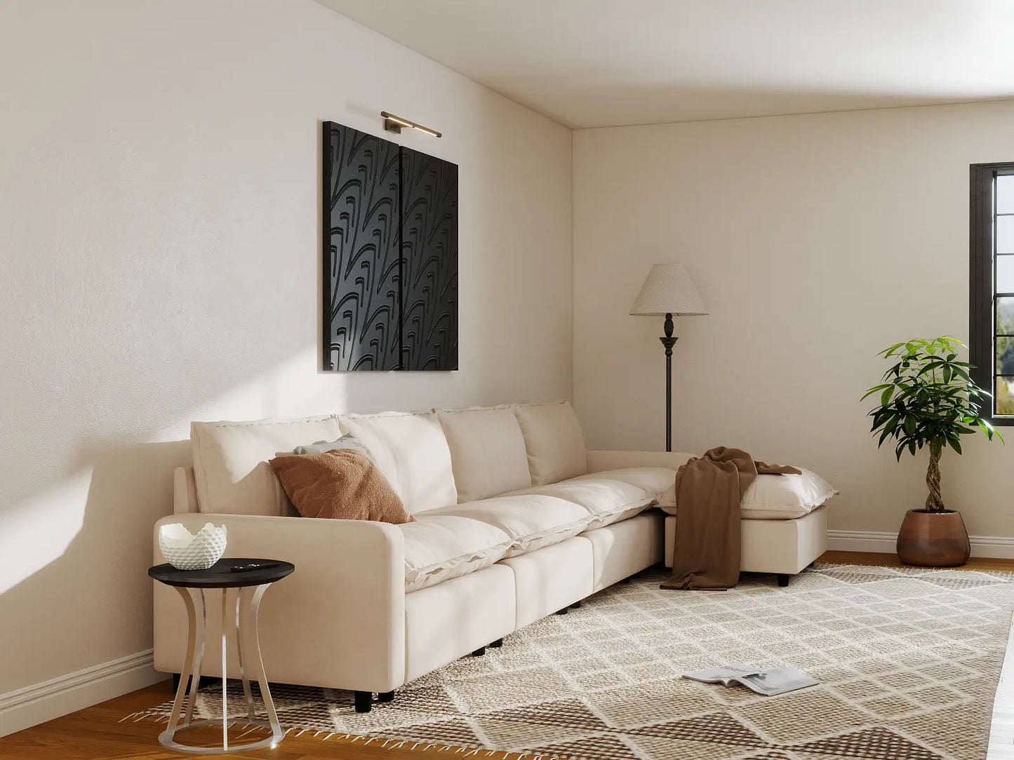 Modular Cero Modular Sectionals | 5-Piece Beige Linen Large Space L-Shaped Sectionals 4-Seater with 1-Ottoman