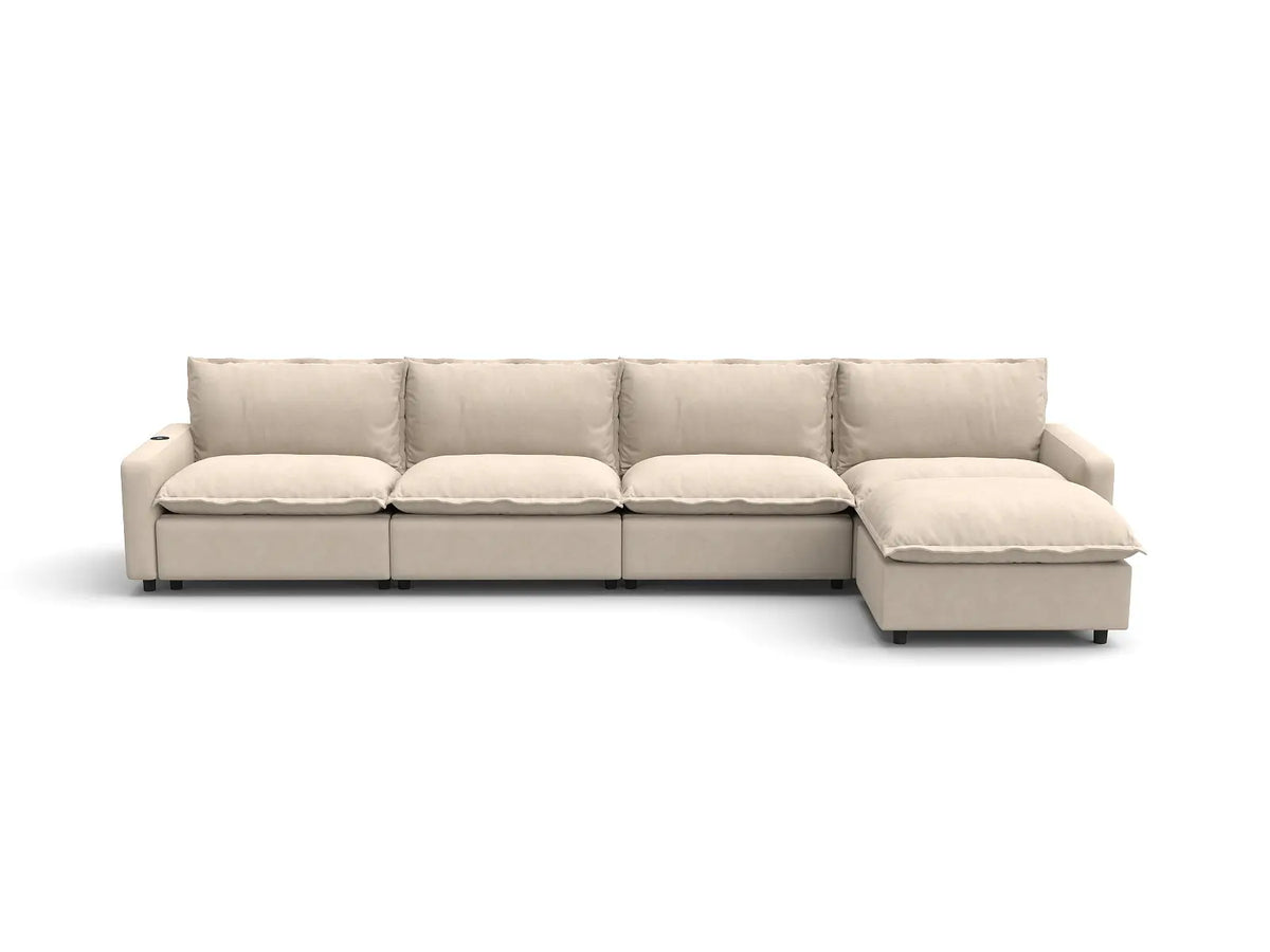 Modular Cero Reclining Sectionals | 5-Piece Beige Linen Large Space L-Shaped Sectionals 4-Seater with 1-Ottoman