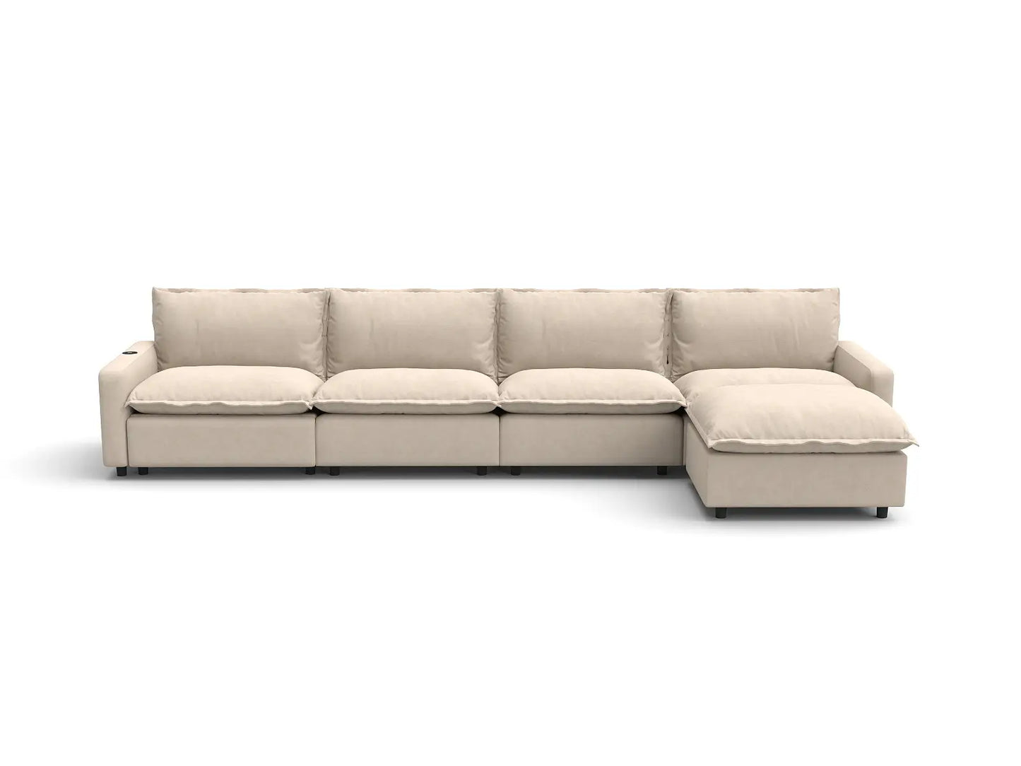 Modular Cero L Shaped Reclining Sectional | 5-Piece Beige Linen Large Space L-Shaped Sectionals 4-Seater with 1-Ottoman