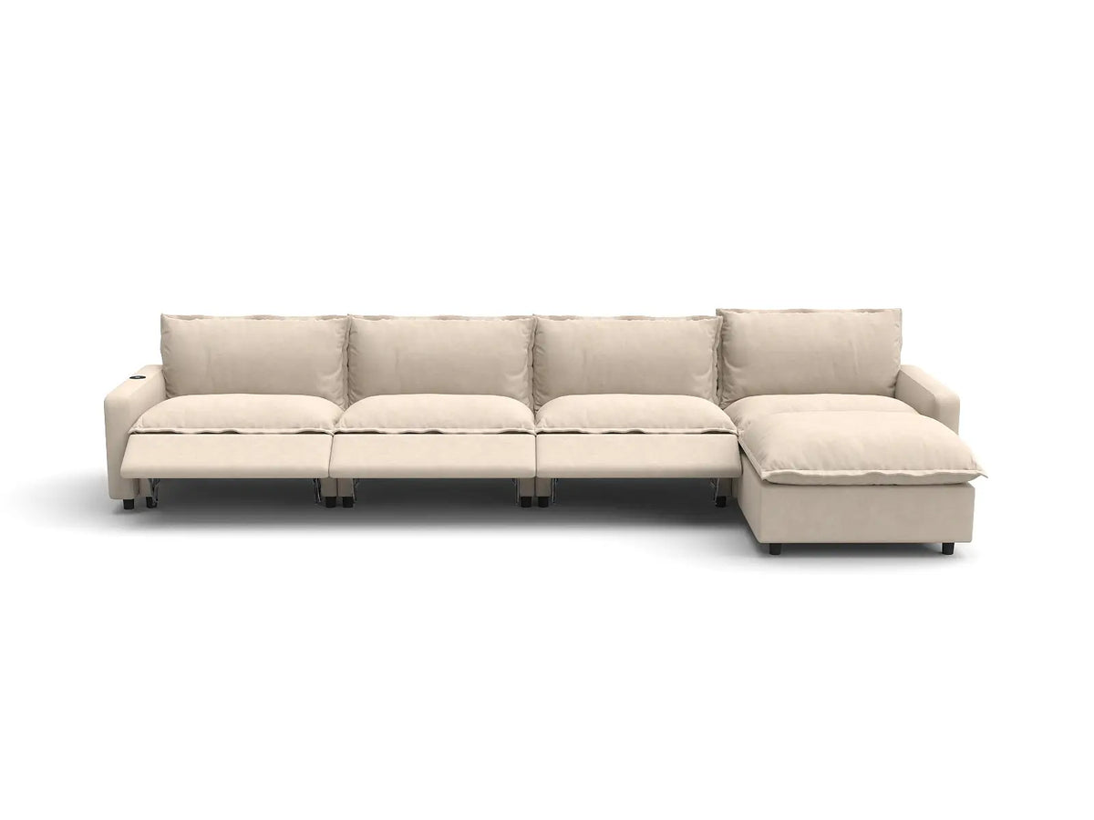 Modular Cero Reclining Sectionals | 5-Piece Beige Linen Large Space L-Shaped Sectionals 4-Seater with 1-Ottoman