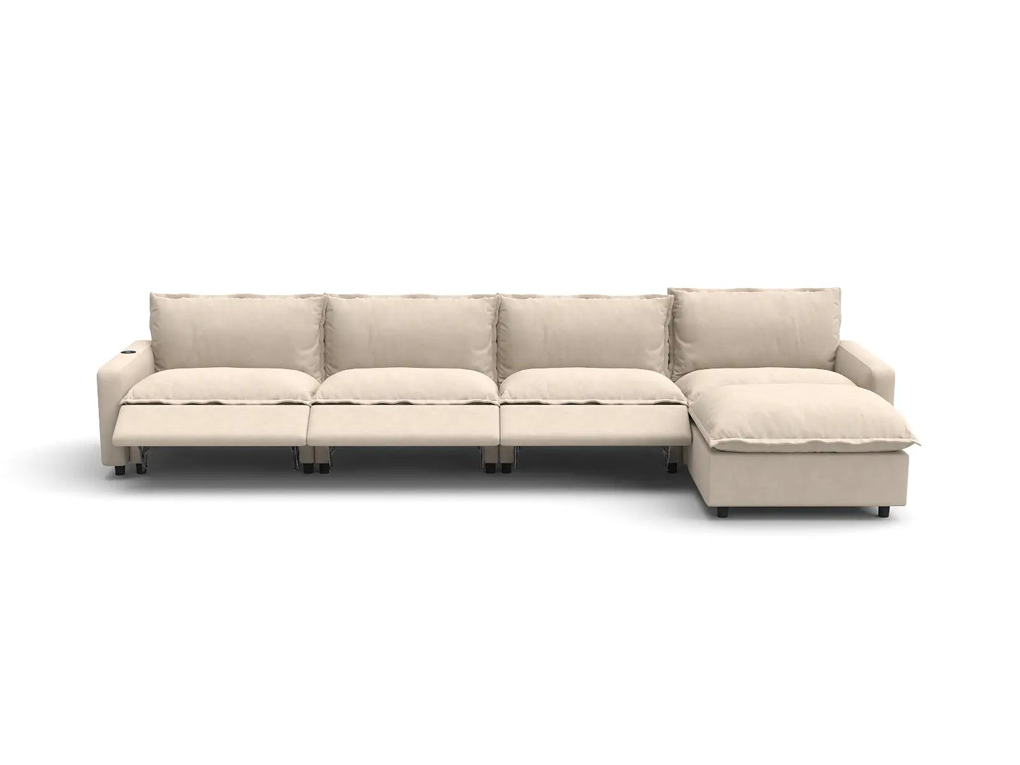 Modular Cero Reclining Sectionals | 5-Piece Beige Linen Large Space L-Shaped Sectionals 4-Seater with 1-Ottoman