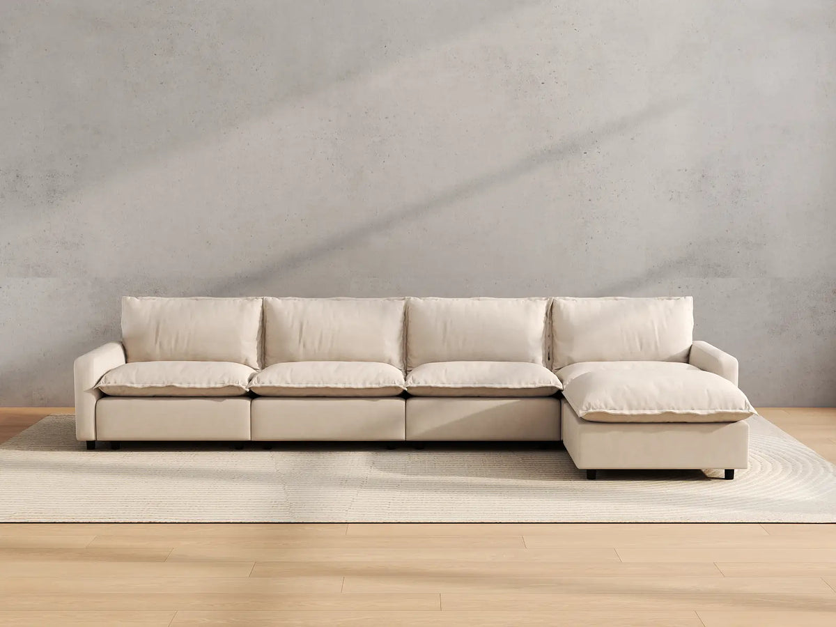 Modular Cero Modular Sectionals | 5-Piece Beige Linen Large Space L-Shaped Sectionals 4-Seater with 1-Ottoman