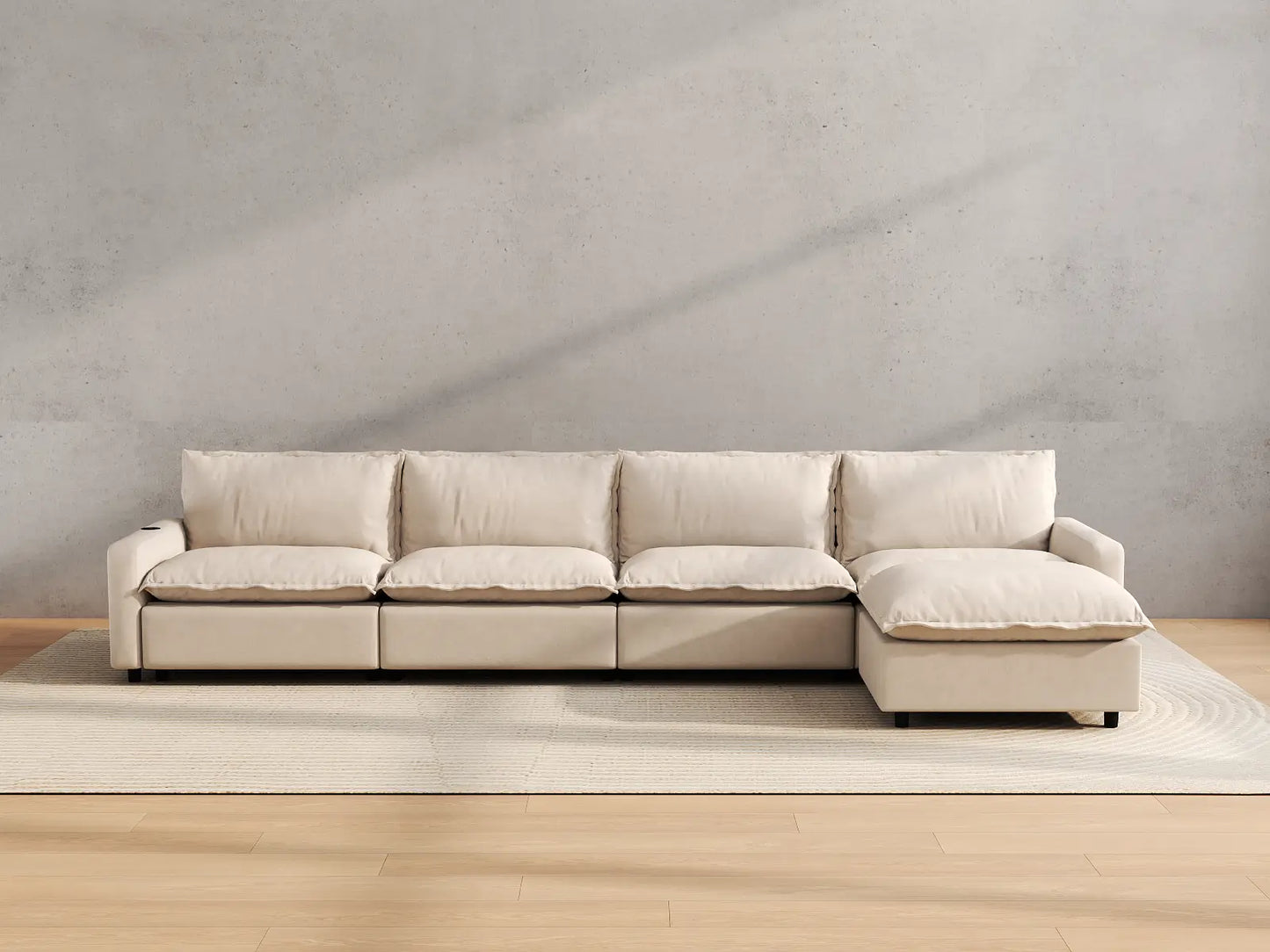 Modular Cero Reclining Sectionals | 5-Piece Beige Linen Large Space L-Shaped Sectionals 4-Seater with 1-Ottoman