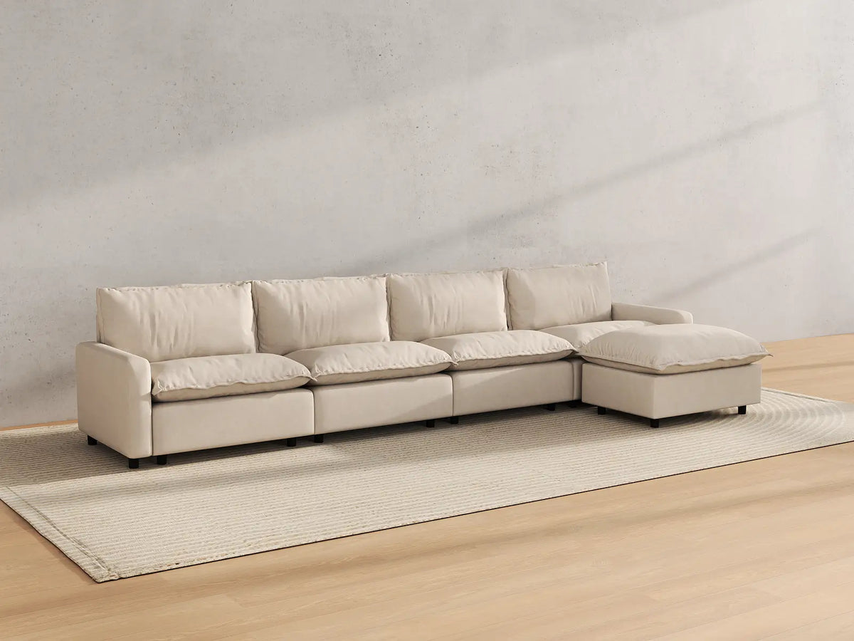 Modular Cero Modular Sectionals | 5-Piece Beige Linen Large Space L-Shaped Sectionals 4-Seater with 1-Ottoman