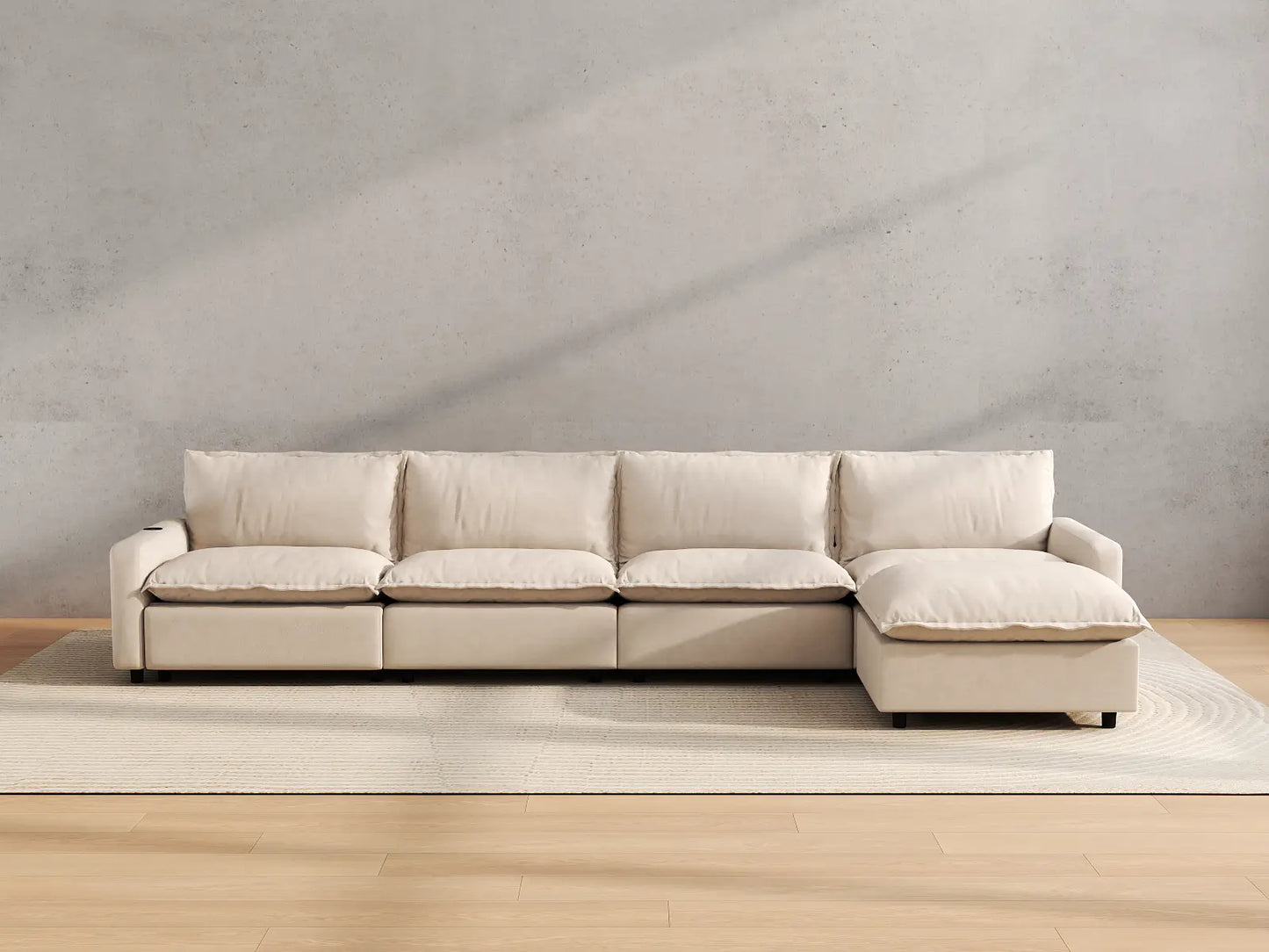 Modular Cero L Shaped Reclining Sectional | 5-Piece Beige Linen Large Space L-Shaped Sectionals 4-Seater with 1-Ottoman