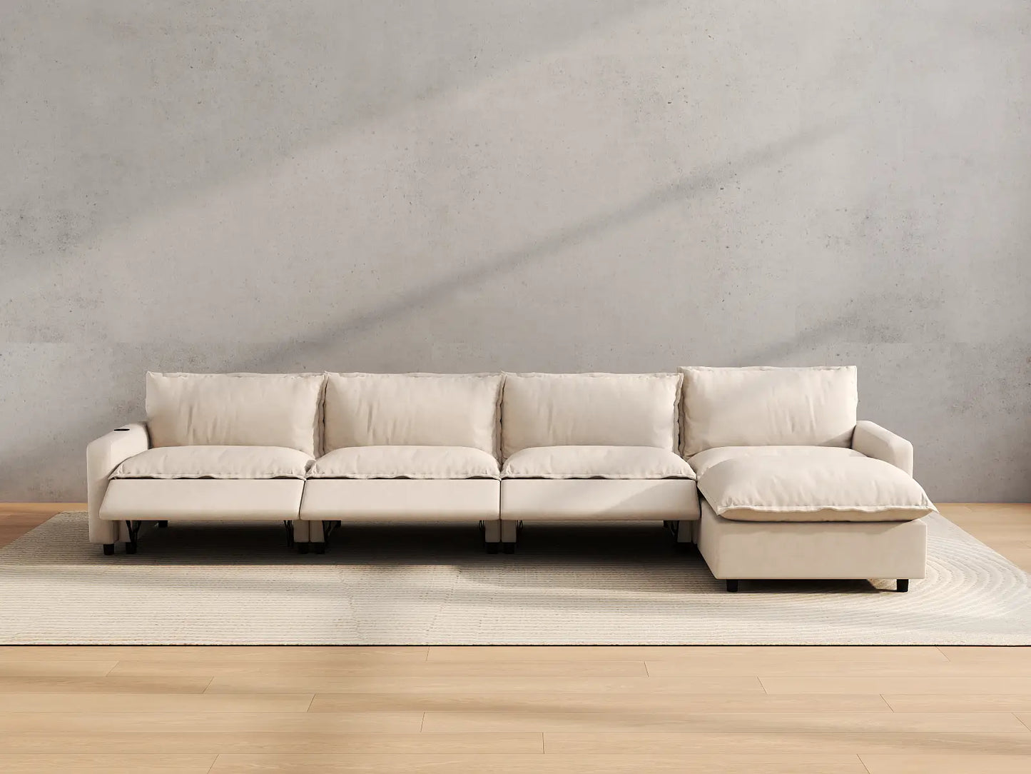 Modular Cero Reclining Sectionals | 5-Piece Beige Linen Large Space L-Shaped Sectionals 4-Seater with 1-Ottoman