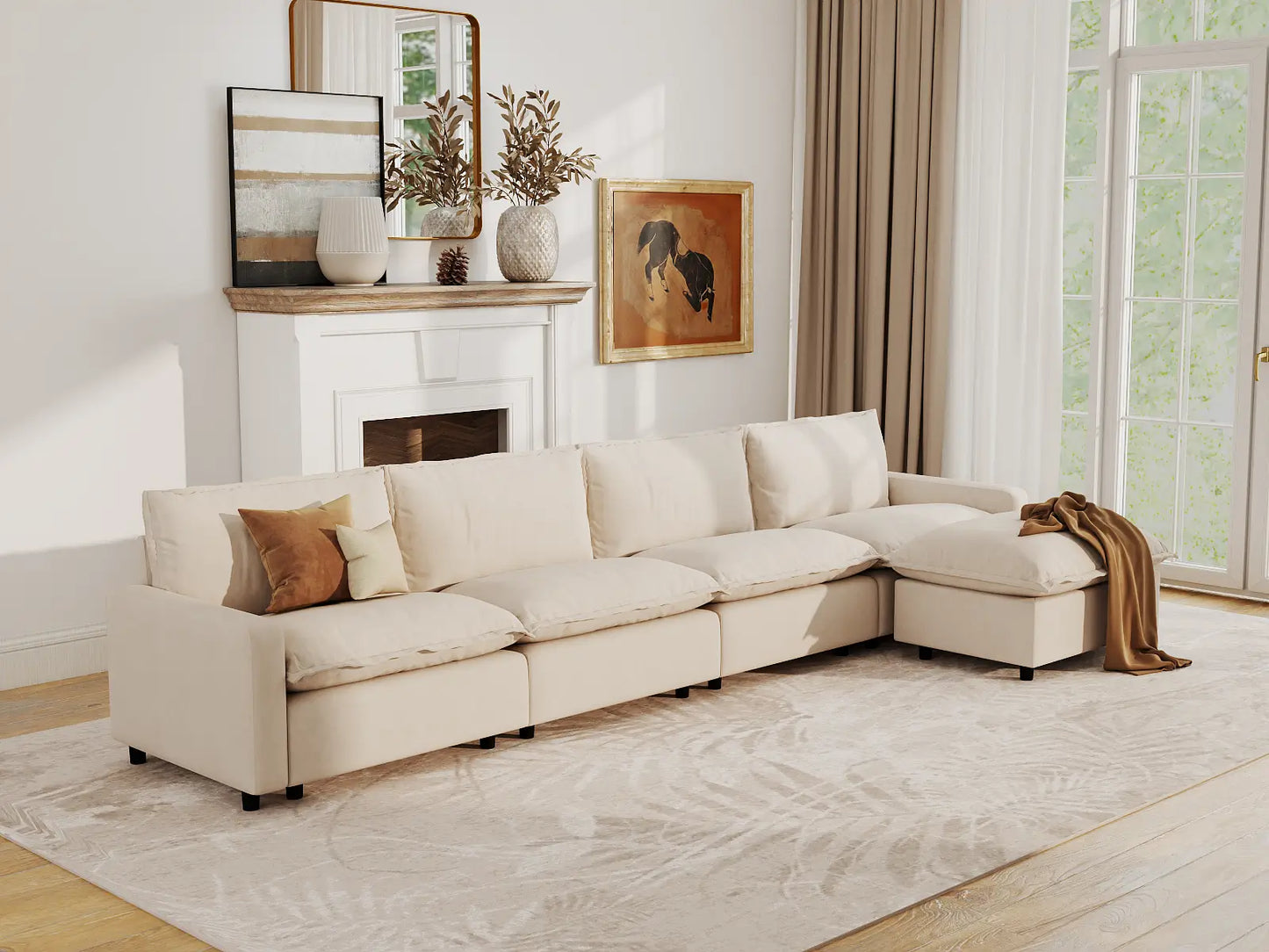 Modular Cero Modular Sectionals | 5-Piece Beige Linen Large Space L-Shaped Sectionals 4-Seater with 1-Ottoman