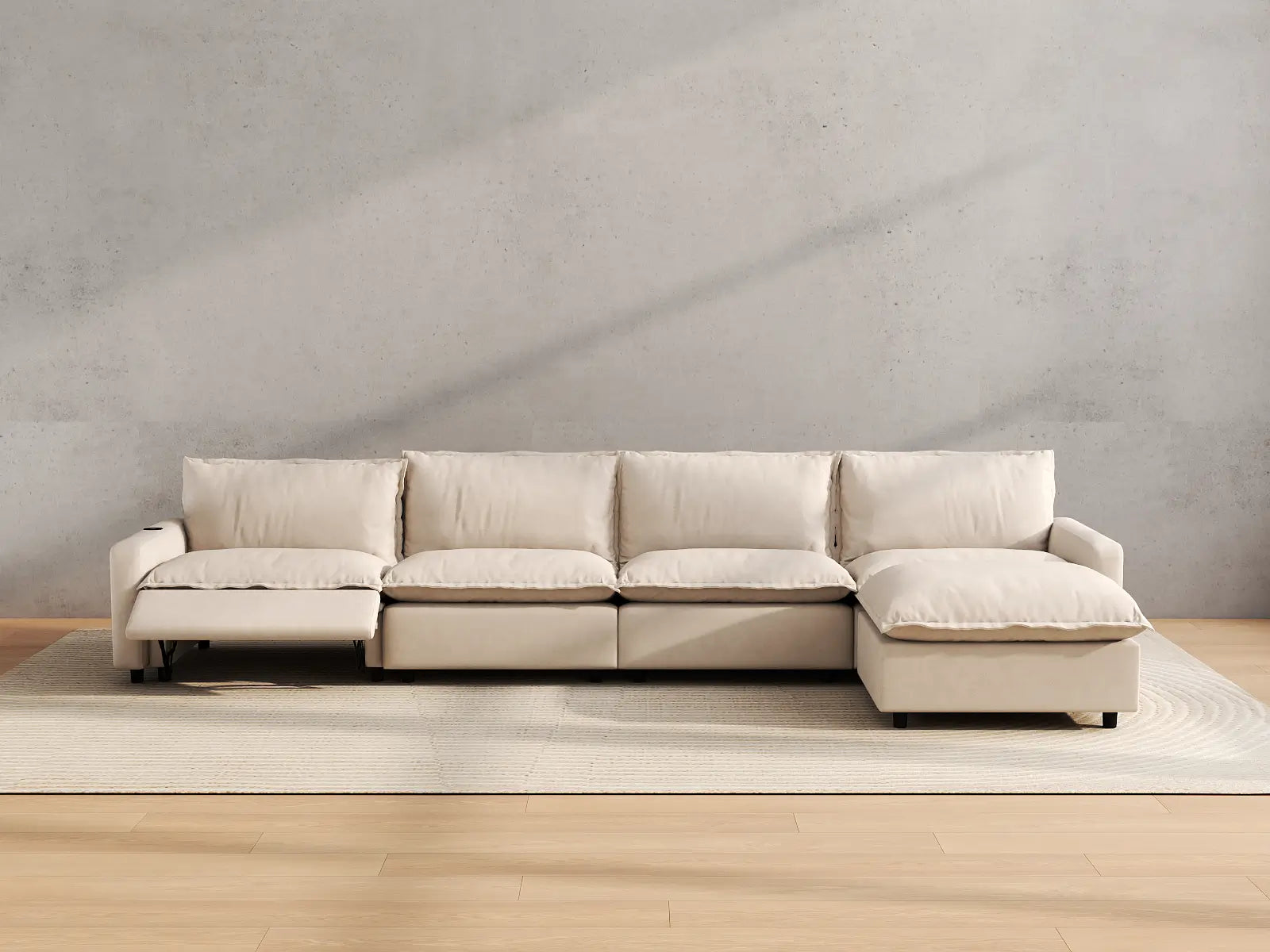Modular Cero L Shaped Reclining Sectional | 5-Piece Beige Linen Large Space L-Shaped Sectionals 4-Seater with 1-Ottoman