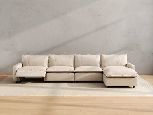 Modular Cero Reclining Sectionals | 5-Piece Beige Linen Large Space L-Shaped Sectionals 4-Seater with 1-Ottoman