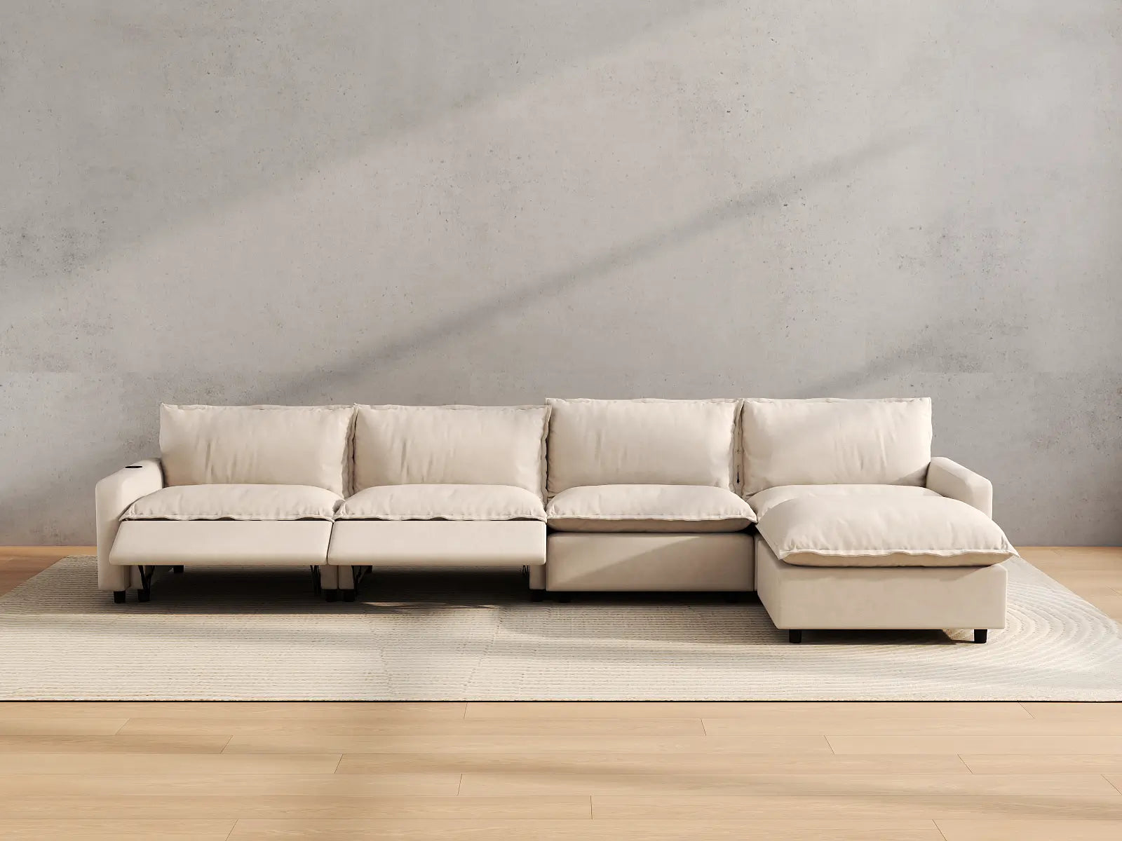 Modular Cero L Shaped Sectional Sofa with Recliner | 5-Piece Beige Linen Large Space L-Shaped Sectionals 4-Seater with 1-Ottoman