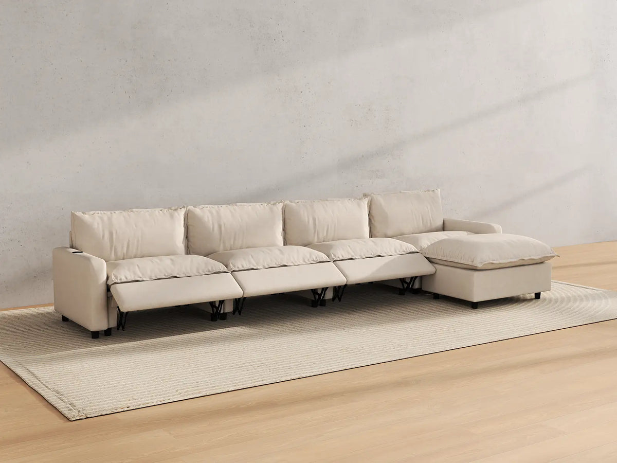 Modular Cero Reclining Sectionals | 5-Piece Beige Linen Large Space L-Shaped Sectionals 4-Seater with 1-Ottoman