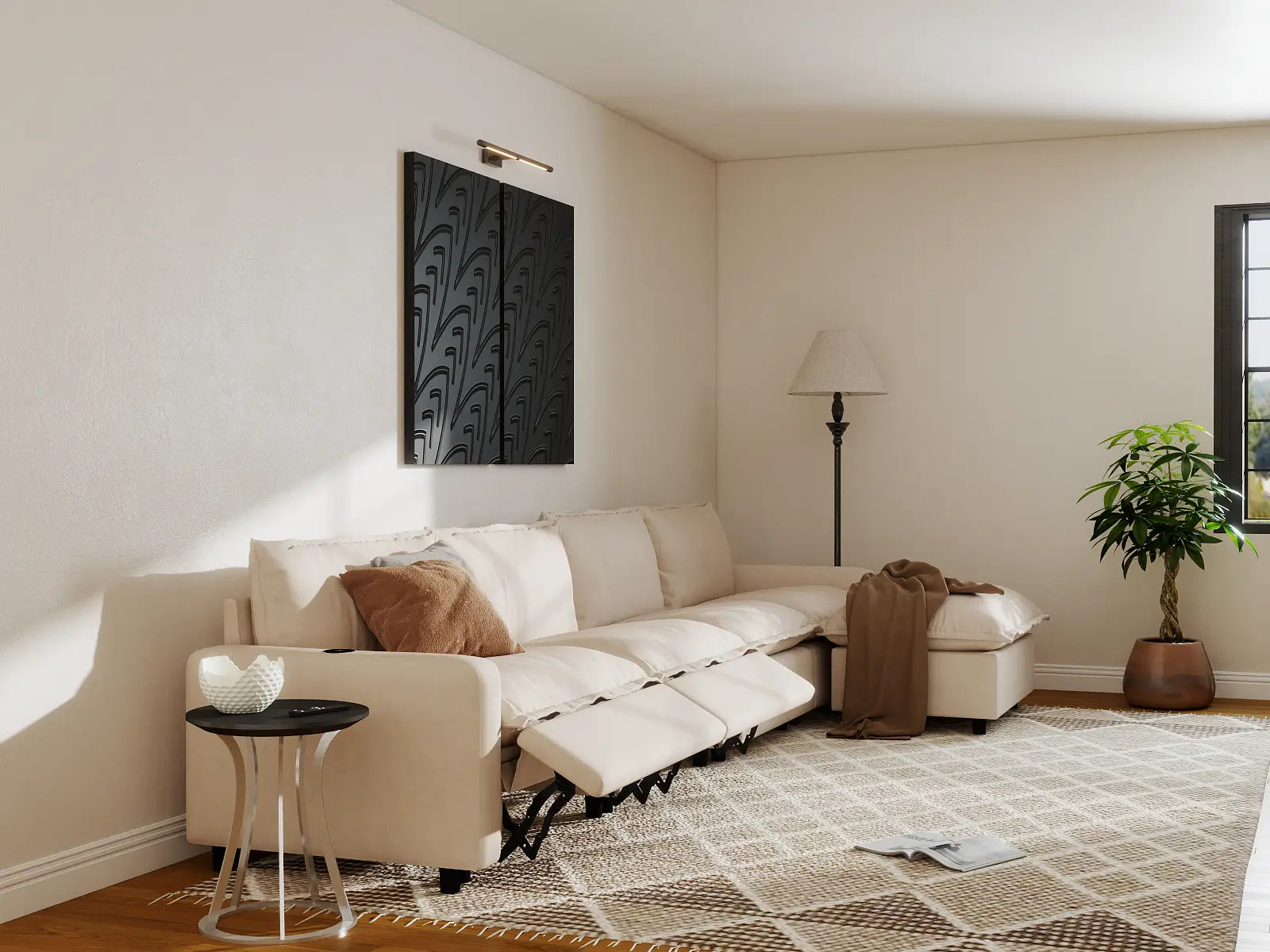 Modular Cero L Shaped Sectional Sofa with Recliner | 5-Piece Beige Linen Large Space L-Shaped Sectionals 4-Seater with 1-Ottoman