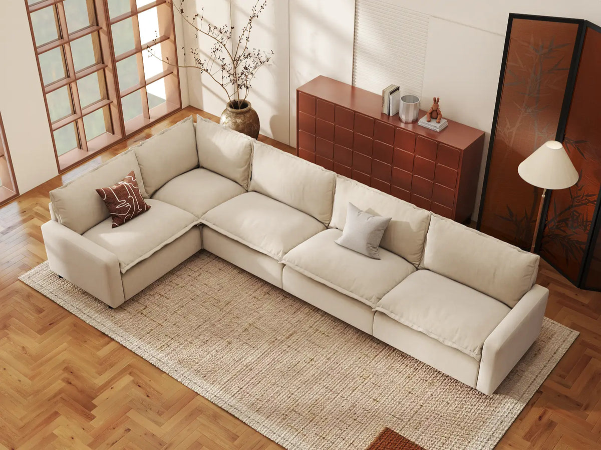 Modular Cero Modular Sectionals | 5-Piece Beige Linen Large Space L-Shaped Sectionals 5-Seater