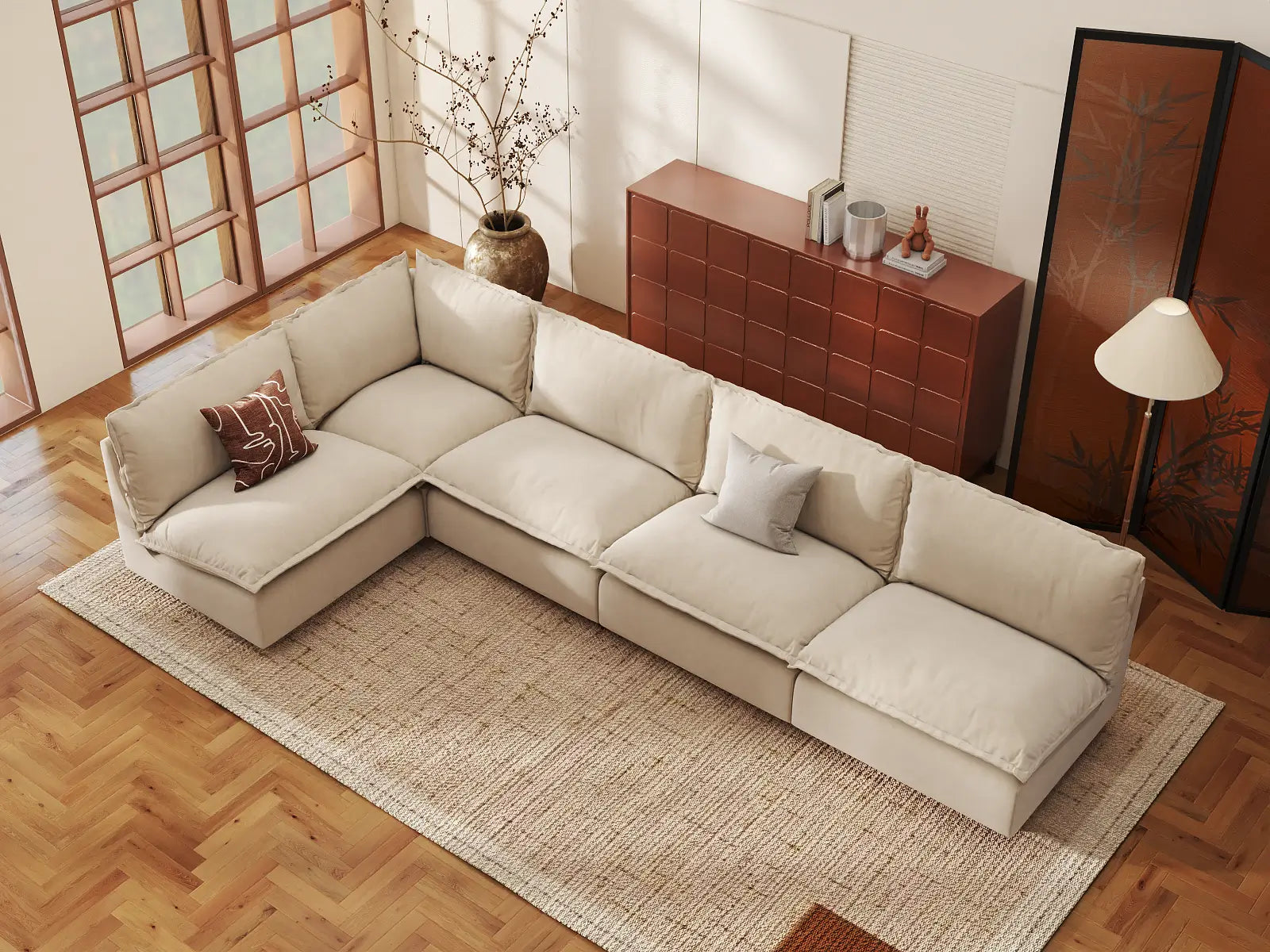 Modular Cero L Shaped Modular Sectional Sofa | 5-Piece Beige Linen Large Space L-Shaped Sectionals 5-Seater