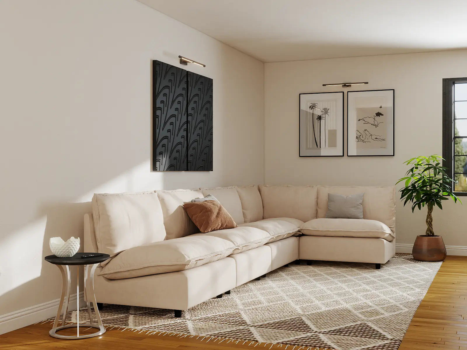 Modular Cero L Shaped Modular Sectional Sofa | 5-Piece Beige Linen Large Space L-Shaped Sectionals 5-Seater
