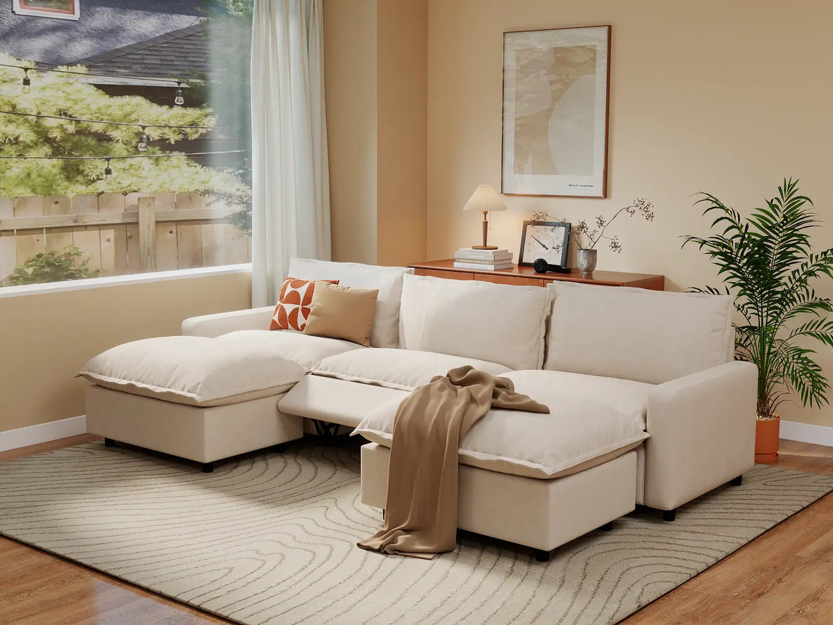 Modular Cero Reclining Sectionals | 5-Piece Beige Linen Large Space U-Shaped Sectionals 3-Seater with 2-Ottomans