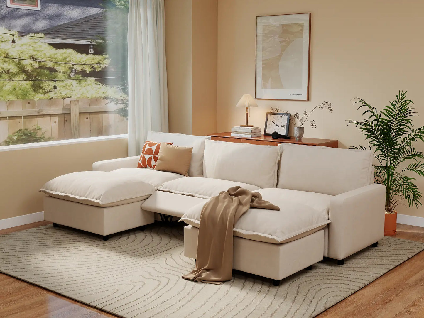 Modular Cero Reclining Sectionals | 5-Piece Beige Linen Large Space U-Shaped Sectionals 3-Seater with 2-Ottomans