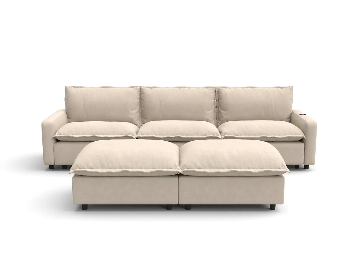 Modular Cero Reclining Sectionals | 5-Piece Beige Linen Large Space U-Shaped Sectionals 3-Seater with 2-Ottomans
