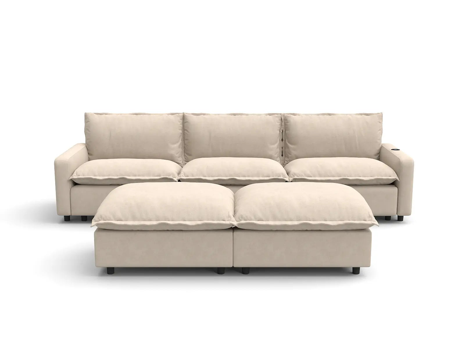 Modular Cero Sectional with Chaise and Recliner | 5-Piece Beige Linen Large Space U-Shaped Sectionals 3-Seater with 2-Ottomans