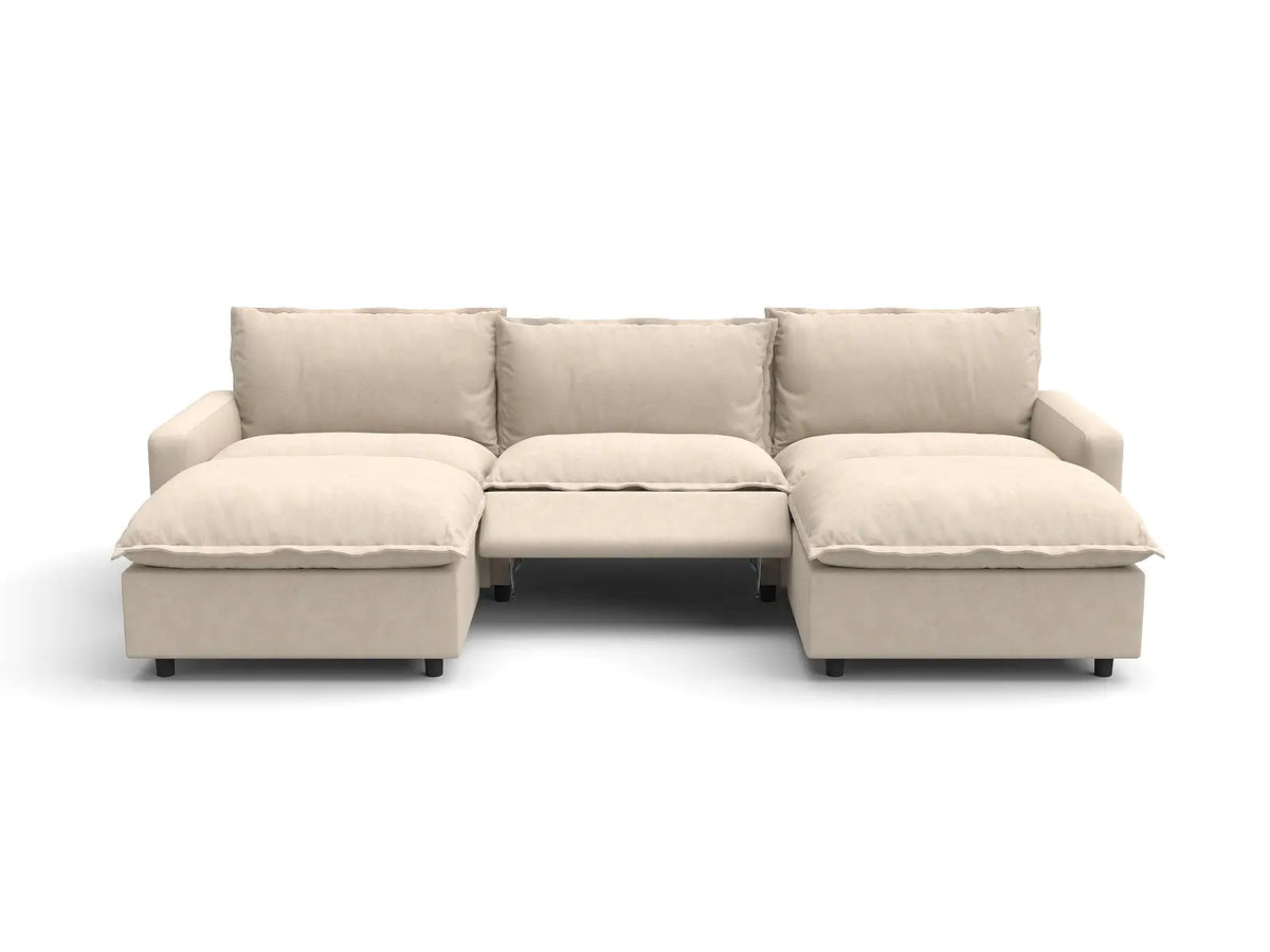 Modular Cero Reclining Sectionals | 5-Piece Beige Linen Large Space U-Shaped Sectionals 3-Seater with 2-Ottomans