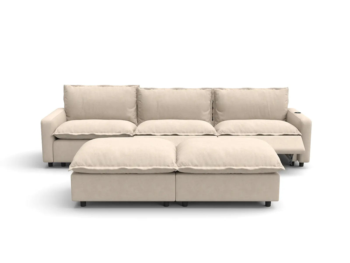 Modular Cero Reclining Sectionals | 5-Piece Beige Linen Large Space U-Shaped Sectionals 3-Seater with 2-Ottomans