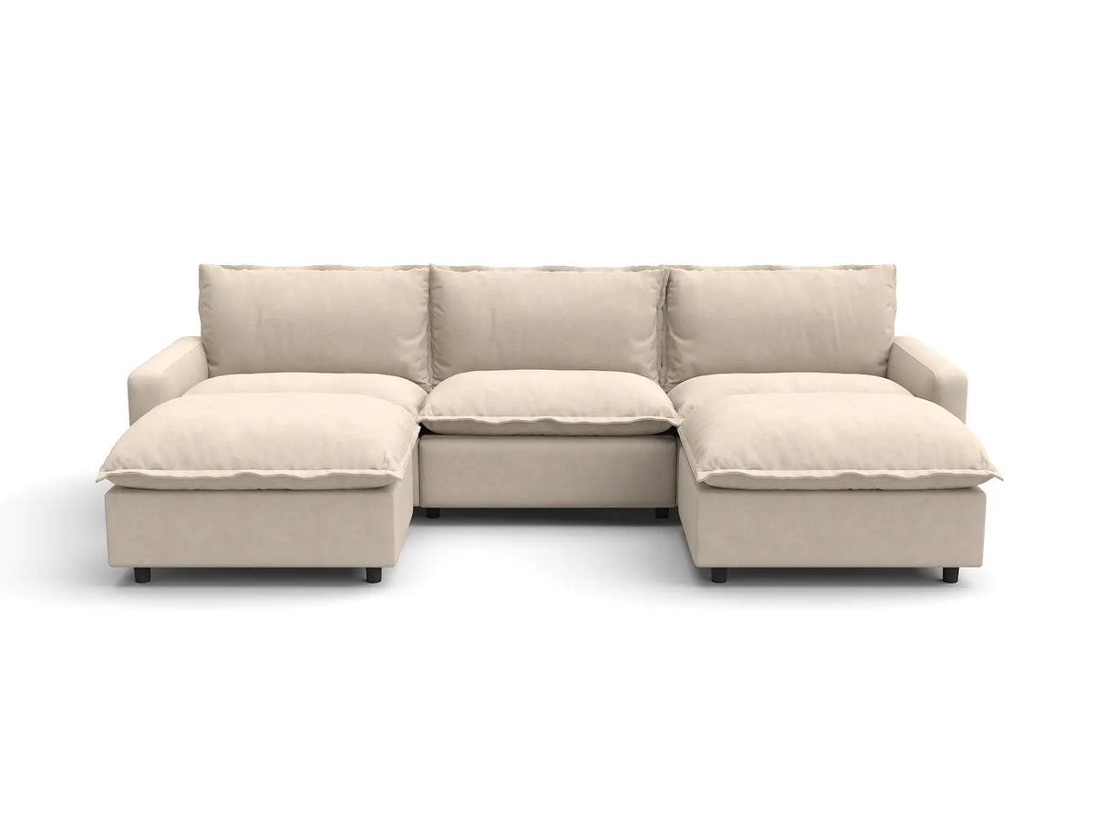 Modular Cero Reclining Sectionals | 5-Piece Beige Linen Large Space U-Shaped Sectionals 3-Seater with 2-Ottomans