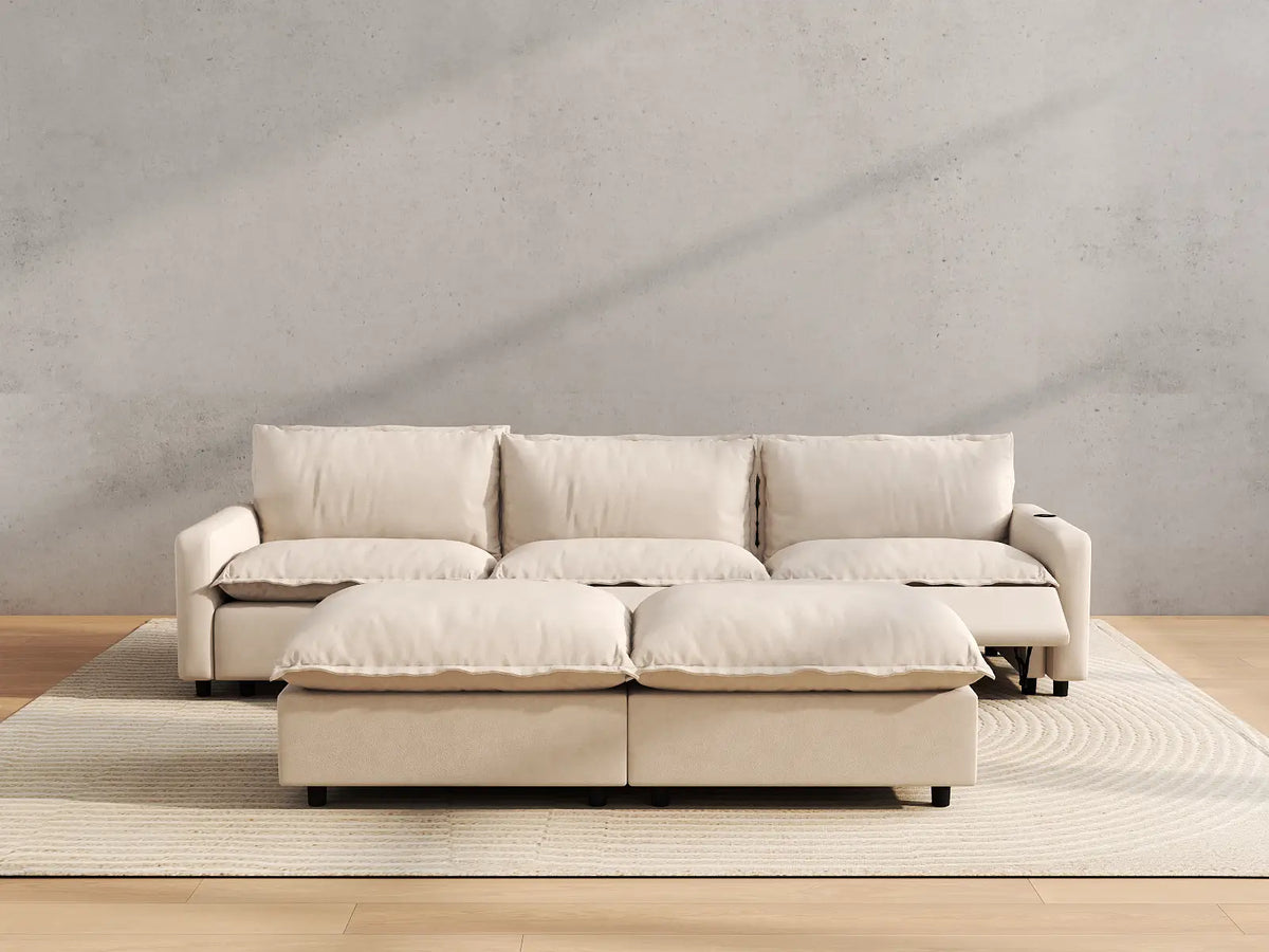 Modular Cero Reclining Sectionals | 5-Piece Beige Linen Large Space U-Shaped Sectionals 3-Seater with 2-Ottomans