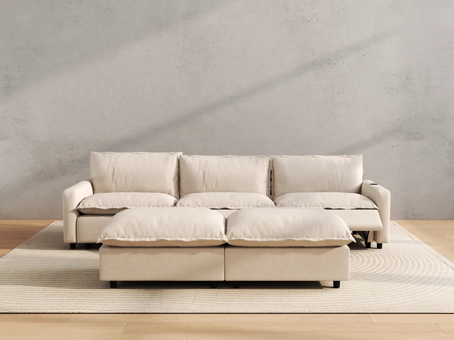 Modular Cero Reclining Sectionals | 5-Piece Beige Linen Large Space U-Shaped Sectionals 3-Seater with 2-Ottomans