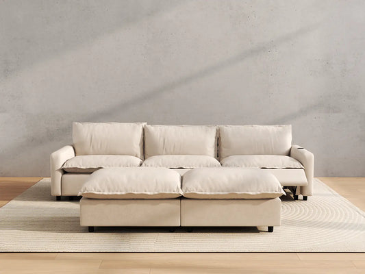 Modular Cero Reclining Sectionals | 5-Piece Beige Linen Large Space U-Shaped Sectionals 3-Seater with 2-Ottomans