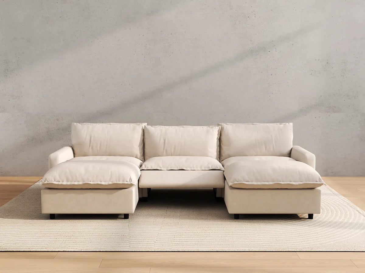 Modular Cero Reclining Sectionals | 5-Piece Beige Linen Large Space U-Shaped Sectionals 3-Seater with 2-Ottomans