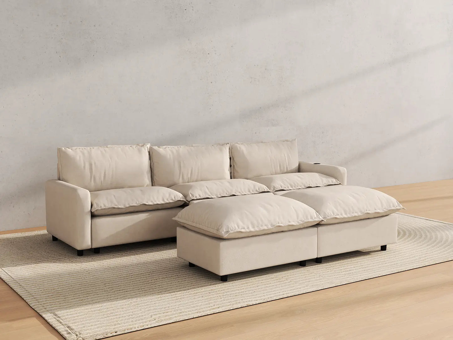 Modular Cero Reclining Sectionals | 5-Piece Beige Linen Large Space U-Shaped Sectionals 3-Seater with 2-Ottomans
