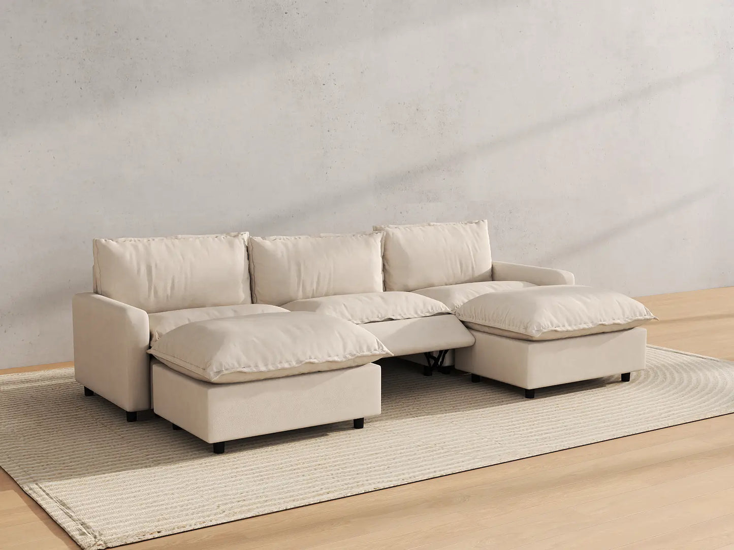 Modular Cero Reclining Sectionals | 5-Piece Beige Linen Large Space U-Shaped Sectionals 3-Seater with 2-Ottomans