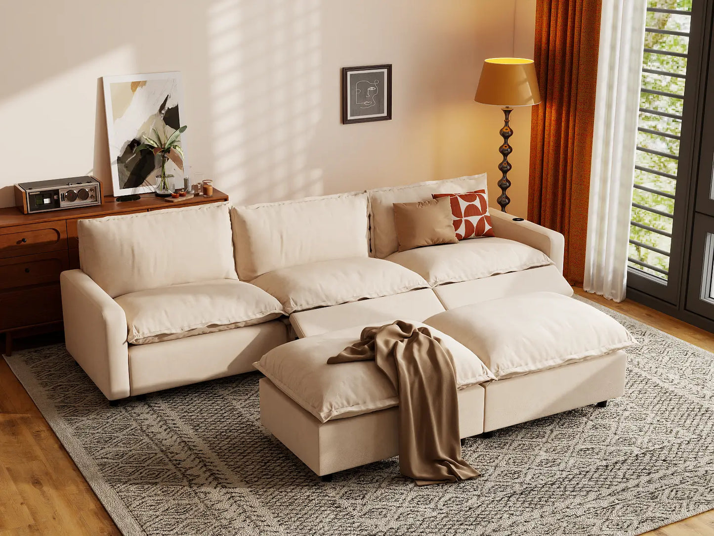 Modular Cero Reclining Sectionals | 5-Piece Beige Linen Large Space U-Shaped Sectionals 3-Seater with 2-Ottomans