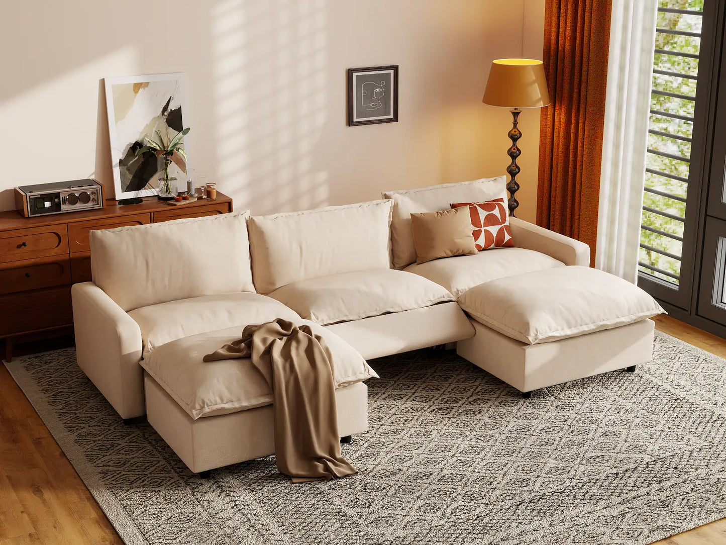 Modular Cero Reclining Sectionals | 5-Piece Beige Linen Large Space U-Shaped Sectionals 3-Seater with 2-Ottomans