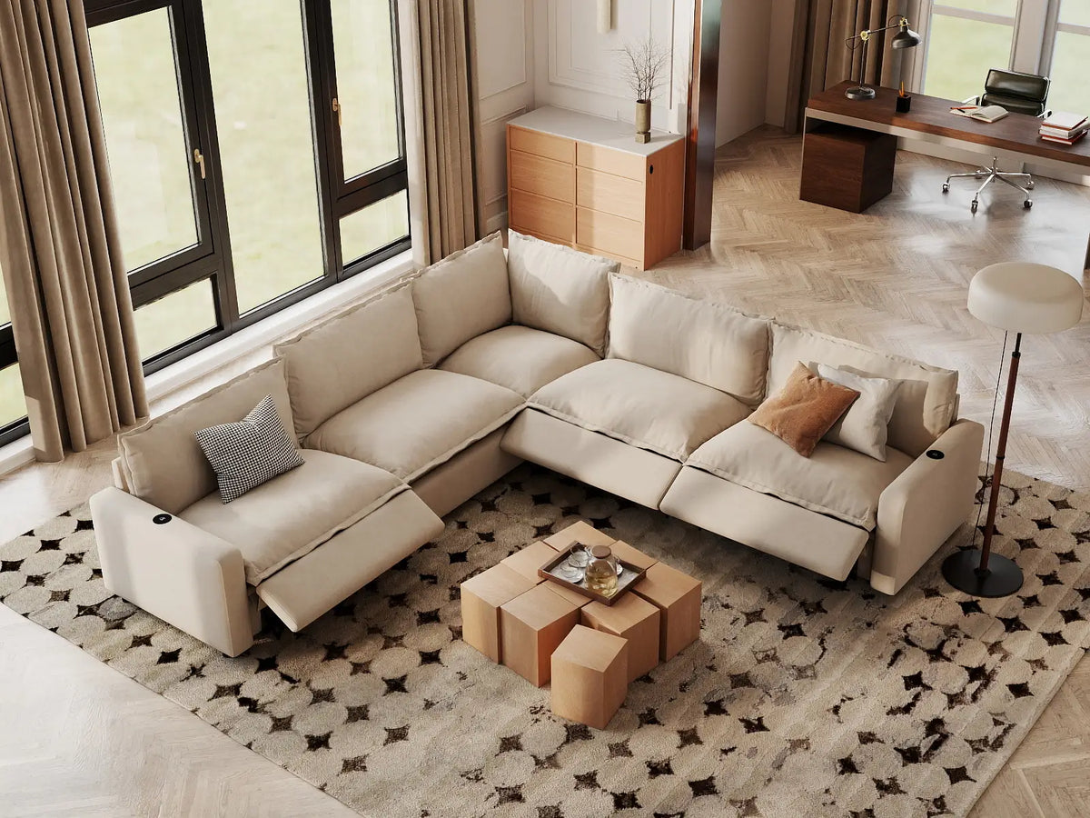 Modular Cero Reclining Sectionals | 5-Piece Beige Linen Large Space V-Shaped Sectionals 5-Seater