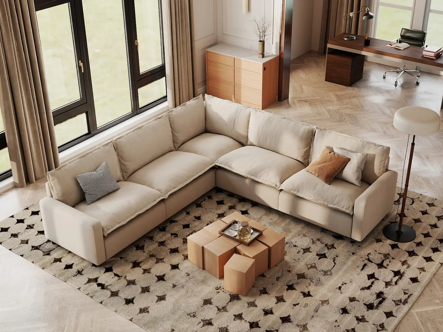 Modular Cero Modular Sectionals | 5-Piece Beige Linen Large Space V-Shaped Sectionals 5-Seater