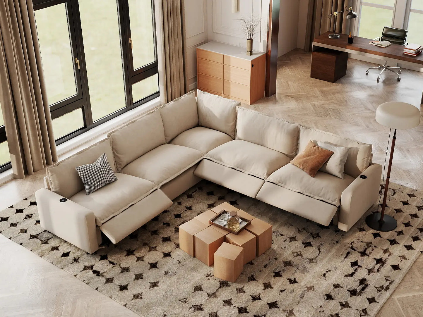 Modular Cero Reclining Sectionals | 5-Piece Beige Linen Large Space V-Shaped Sectionals 5-Seater