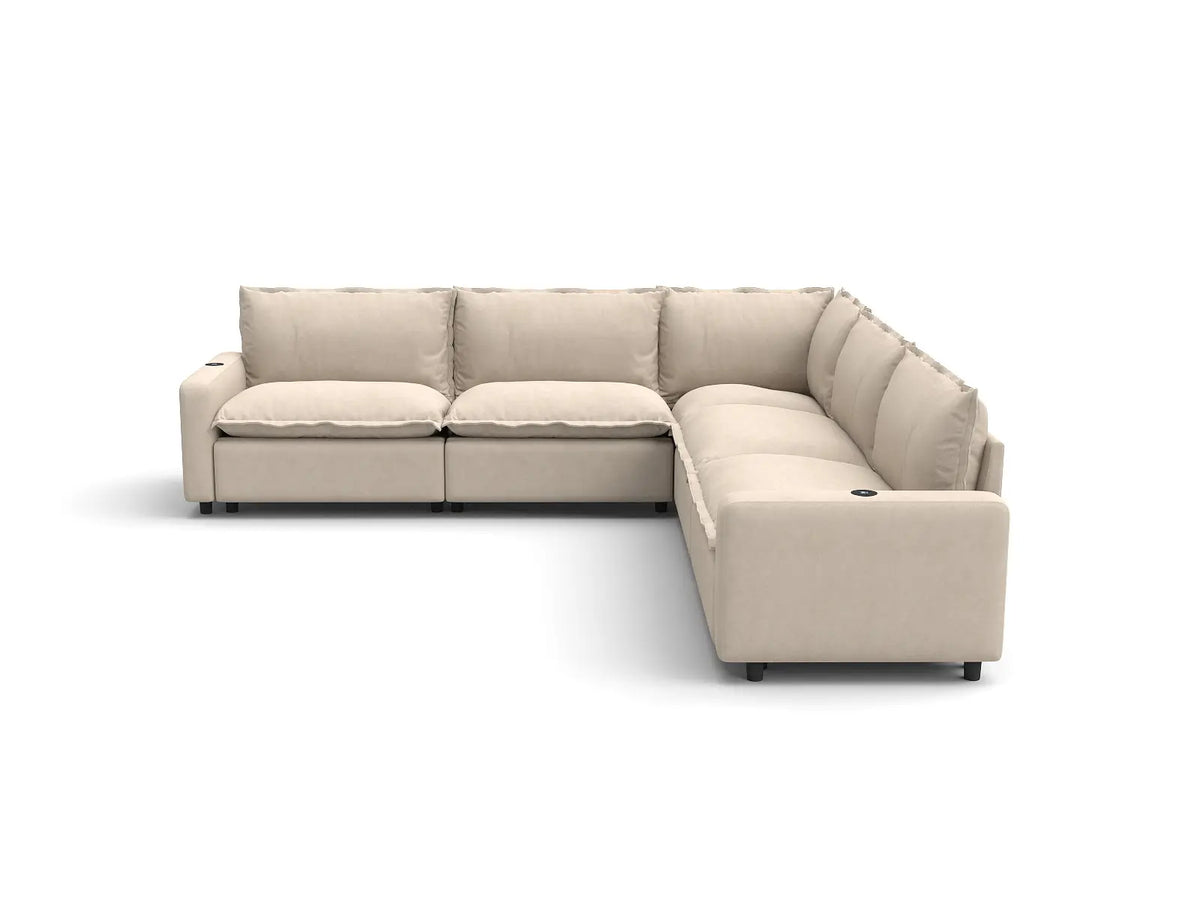 Modular Cero Reclining Sectionals | 5-Piece Beige Linen Large Space V-Shaped Sectionals 5-Seater