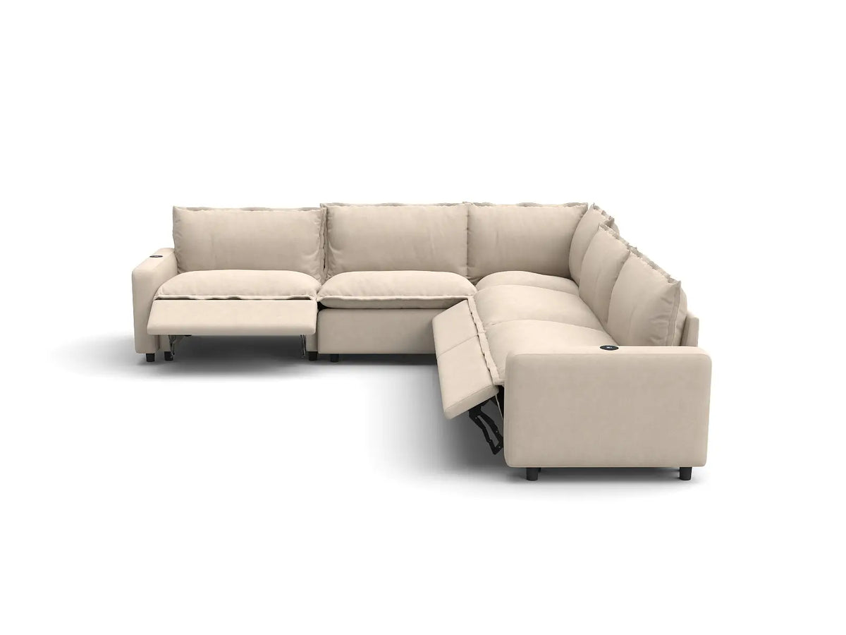 Modular Cero Reclining Sectionals | 5-Piece Beige Linen Large Space V-Shaped Sectionals 5-Seater