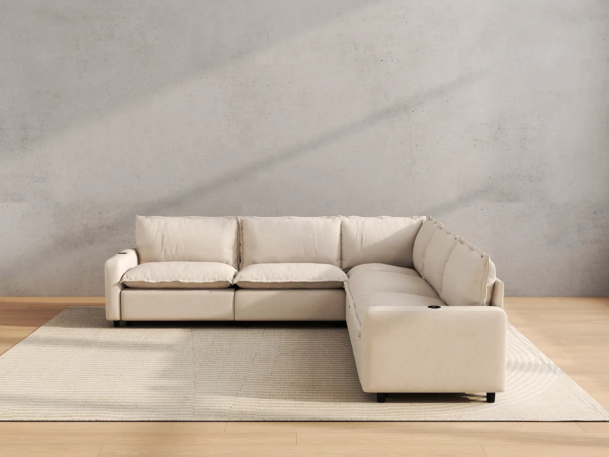 Modular Cero Reclining Sectionals | 5-Piece Beige Linen Large Space V-Shaped Sectionals 5-Seater