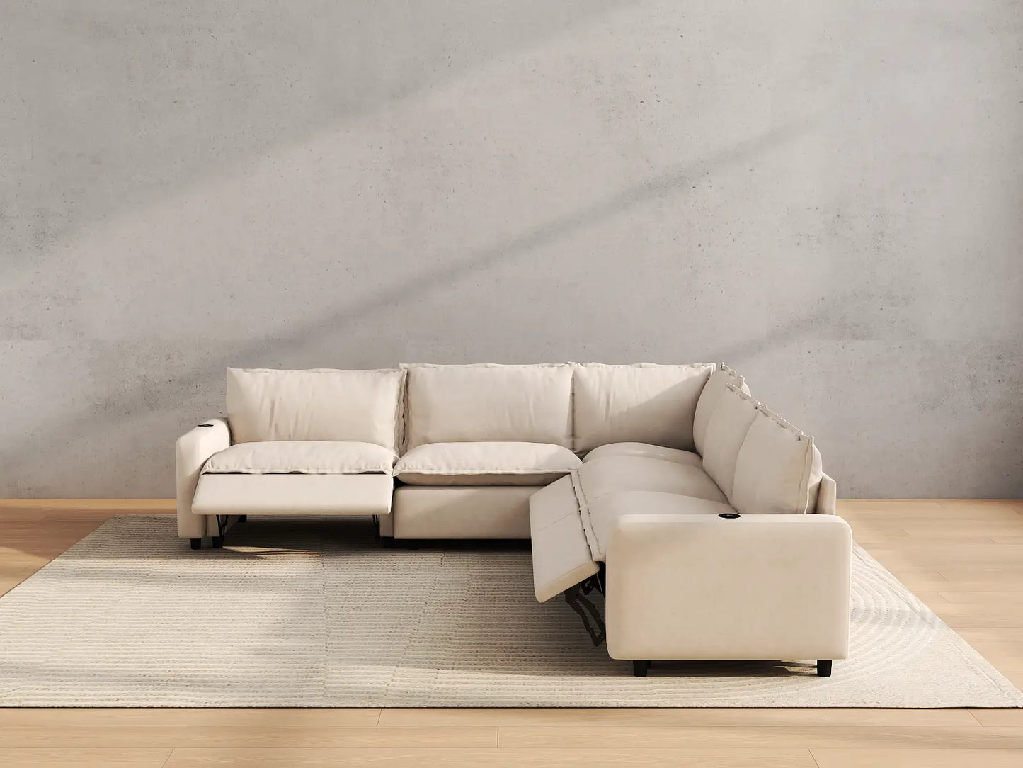 Modular Cero Reclining Sectionals | 5-Piece Beige Linen Large Space V-Shaped Sectionals 5-Seater