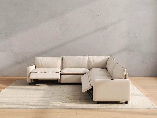 Modular Cero Reclining Sectionals | 5-Piece Beige Linen Large Space V-Shaped Sectionals 5-Seater