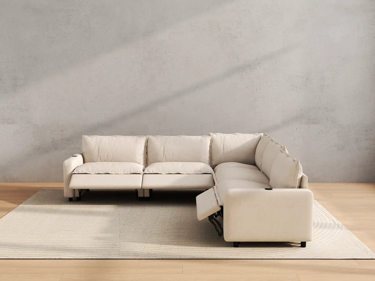 Modular Cero Reclining Sectionals | 5-Piece Beige Linen Large Space V-Shaped Sectionals 5-Seater